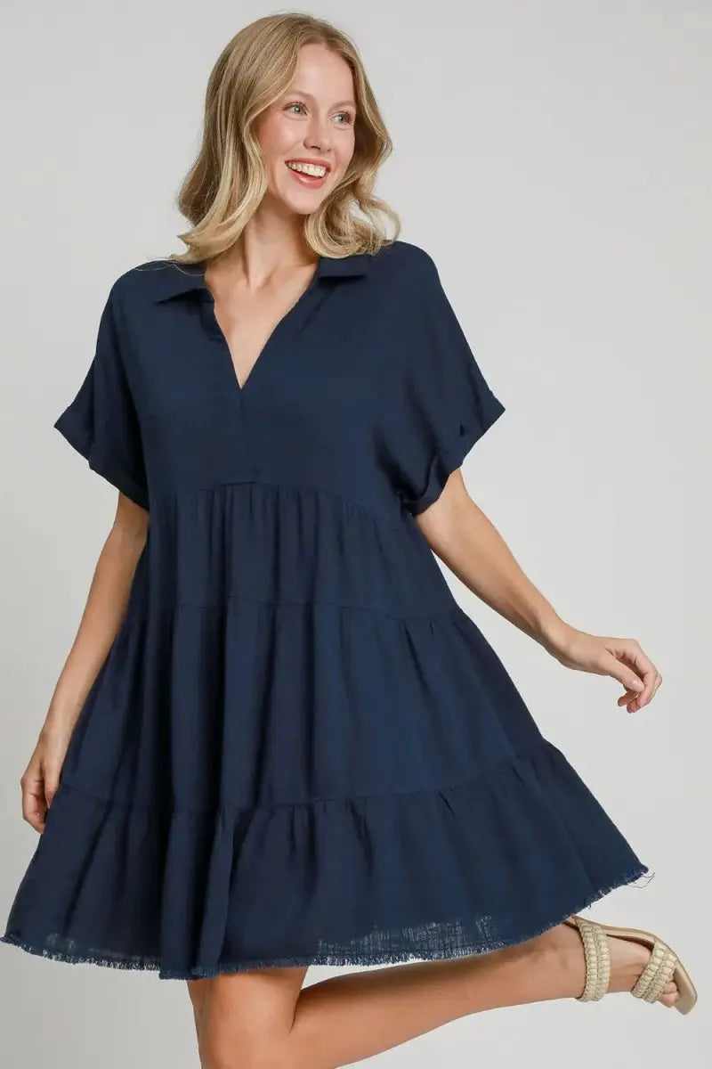 Umgee Full Size Raw Hem Folded Sleeve Tiered Dress Plus Size - Love Salve